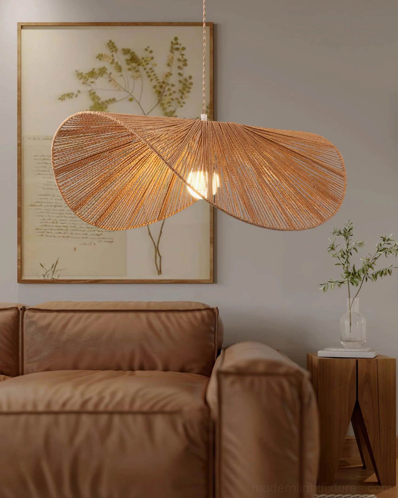 Multi-size view comparison of handwoven straw hat pendant lights in different ceiling applications