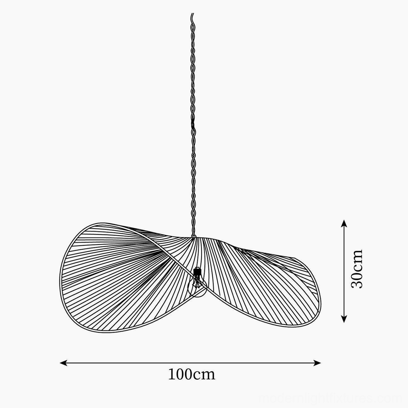 Technical orthographic line drawing schematic of woven rope straw hat pendant light with dimensions