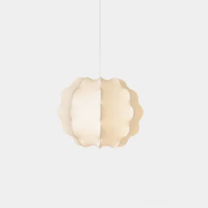 Striata white scalloped silk pendant light with organic curved shade, front view on neutral background