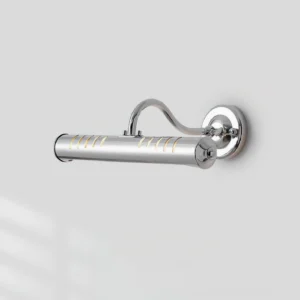 Contemporary Striola wall lamp in polished chrome finish, right front perspective showing slotted shade design