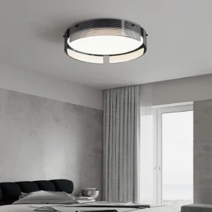 Stripe Brass Ceiling Lamp installed in minimalist master bedroom, contemporary interior design accent