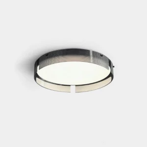 Modern Stripe Brass Ceiling Light with three-color changing LED in black and smoke gray finish, studio flat lay view