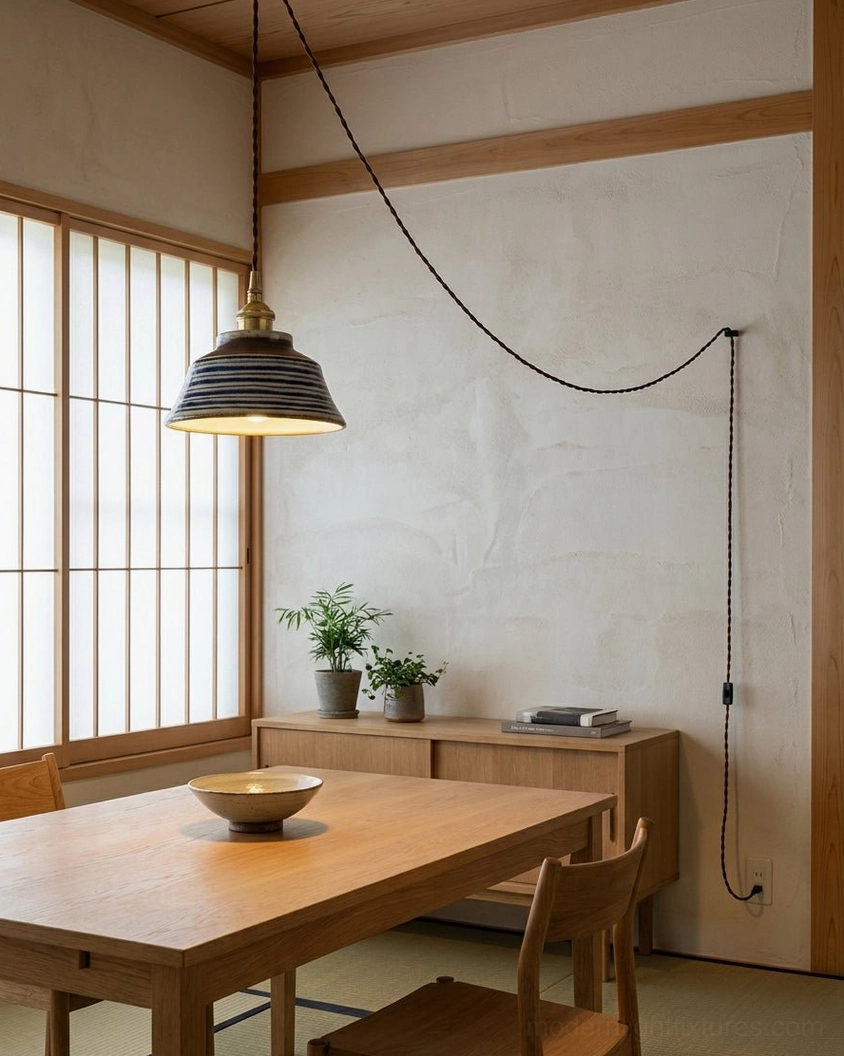 Striped ceramic pendant lamp with matte finish and brass hardware hanging in Japandi dining room above wooden table
