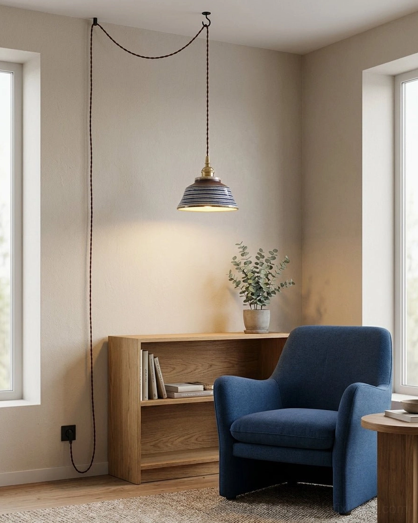 Striped ceramic pendant lamp in matte finish positioned in minimalist home office nook with neutral warm decor