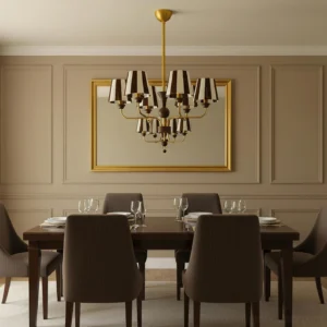 Modern striped fabric chandelier installed above dark wood dining table in formal dining room with warm neutral interior
