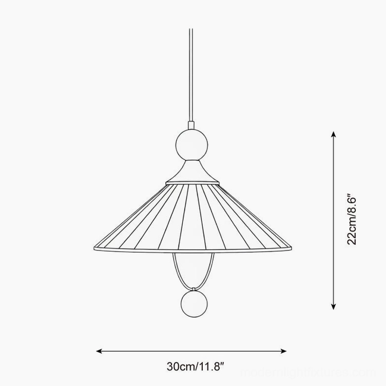 Technical line drawing schematic of striped ceramic pendant light showing dimensions and silhouette
