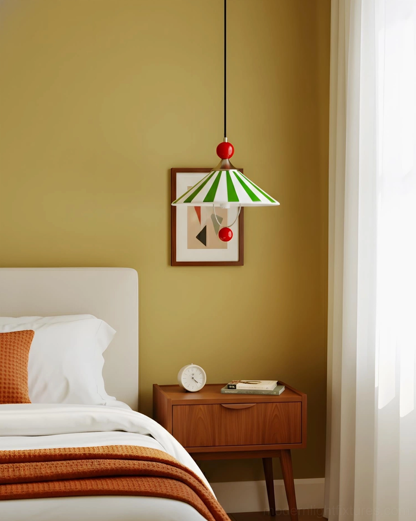 Single color block pendant lamp above bedroom nightstand with warm yellow wall, cozy mid-century bedroom lighting