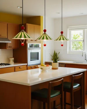 Color block pendant lights installed above kitchen island, mid-century modern residential kitchen interior