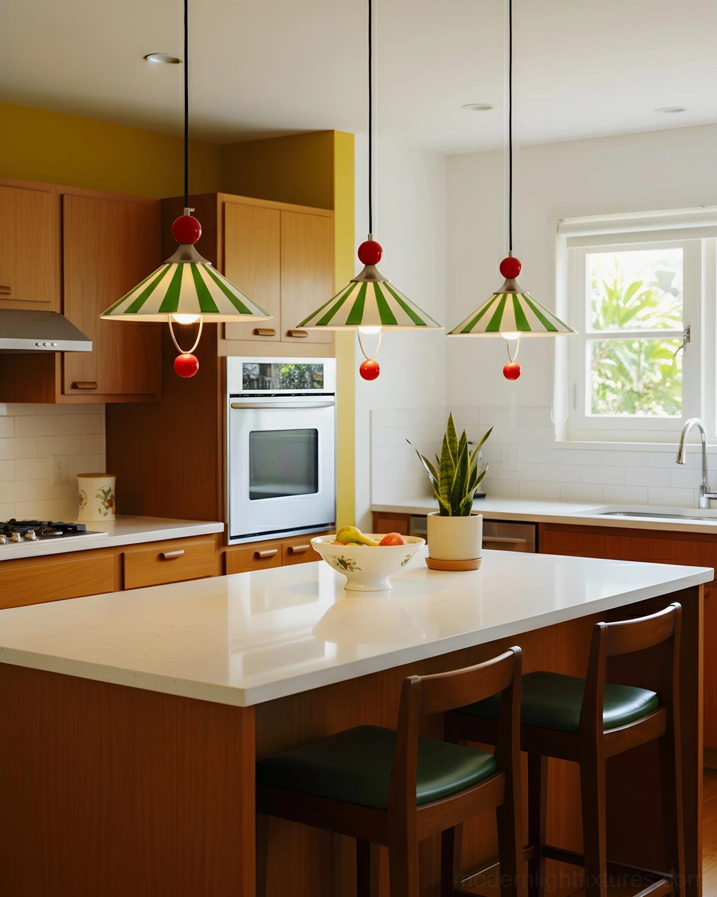 Color block pendant lights installed above kitchen island, mid-century modern residential kitchen interior
