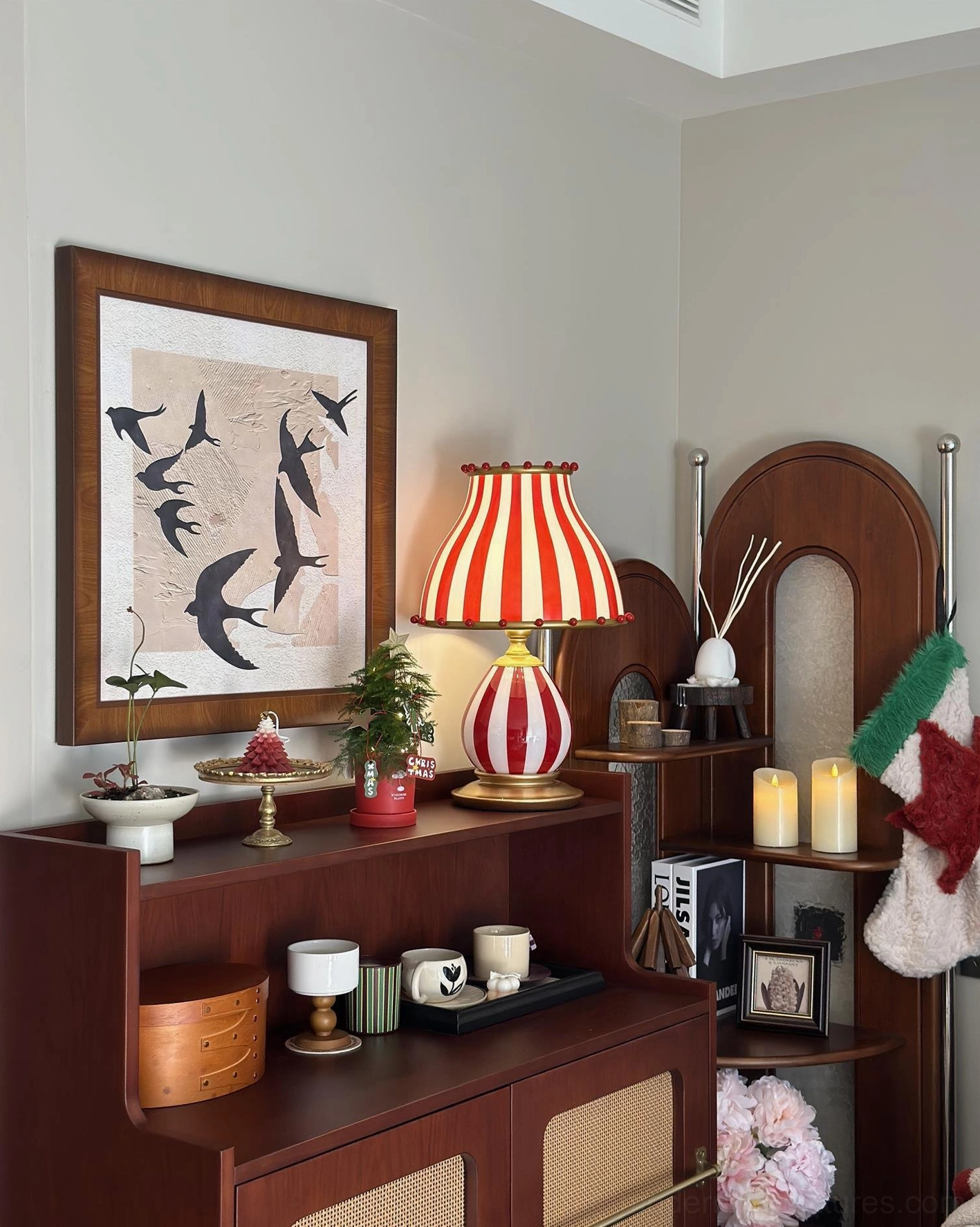 Red and white striped table lamp 35cm diameter 50cm height compact size
