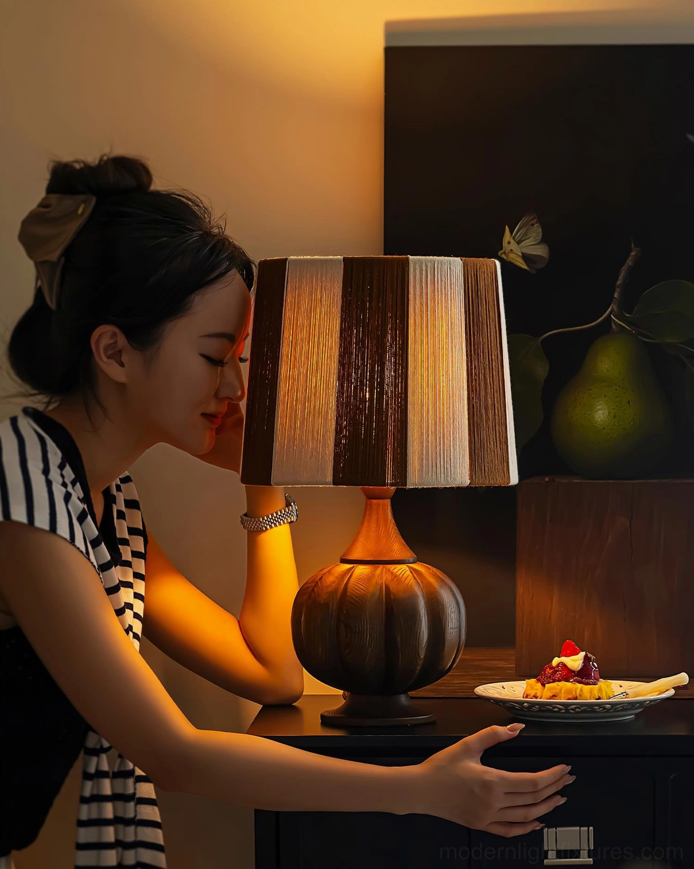 Black green striped wooden table lamp placed on nightstand in contemporary bedroom design setting