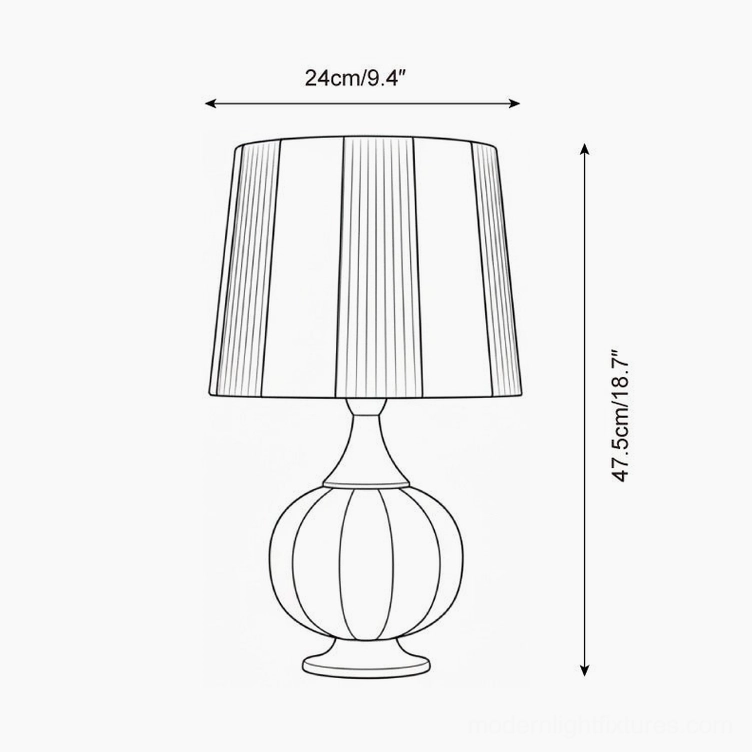 Striped wooden table lamp technical dimension line drawing showing 24cm width and 47.5cm height specifications