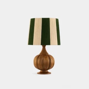 Green and cream striped wooden table lamp with pumpkin-shaped base on white background, front view