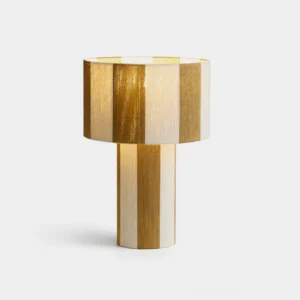 Strivelle striped cylindrical table lamp with neutral warm tones, front view on white background, modern fabric desk light