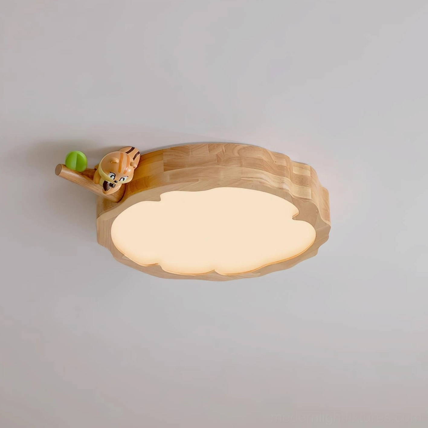Studio product shot of whimsical animal ceiling lamp highlighting the quality woodcraft and animal companion