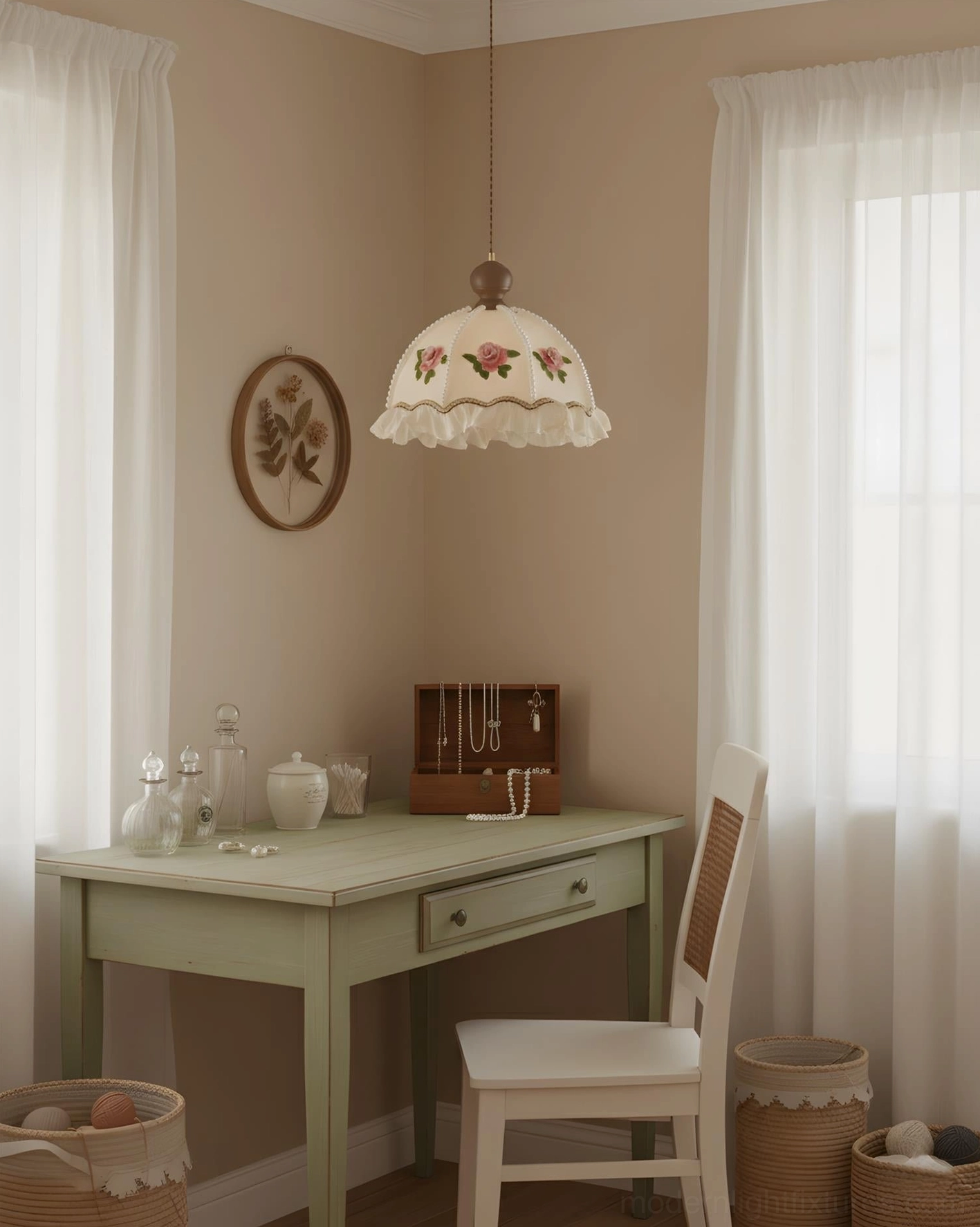 Pendant lamp with rose embroidery lighting home study desk corner with mint green cottage decor