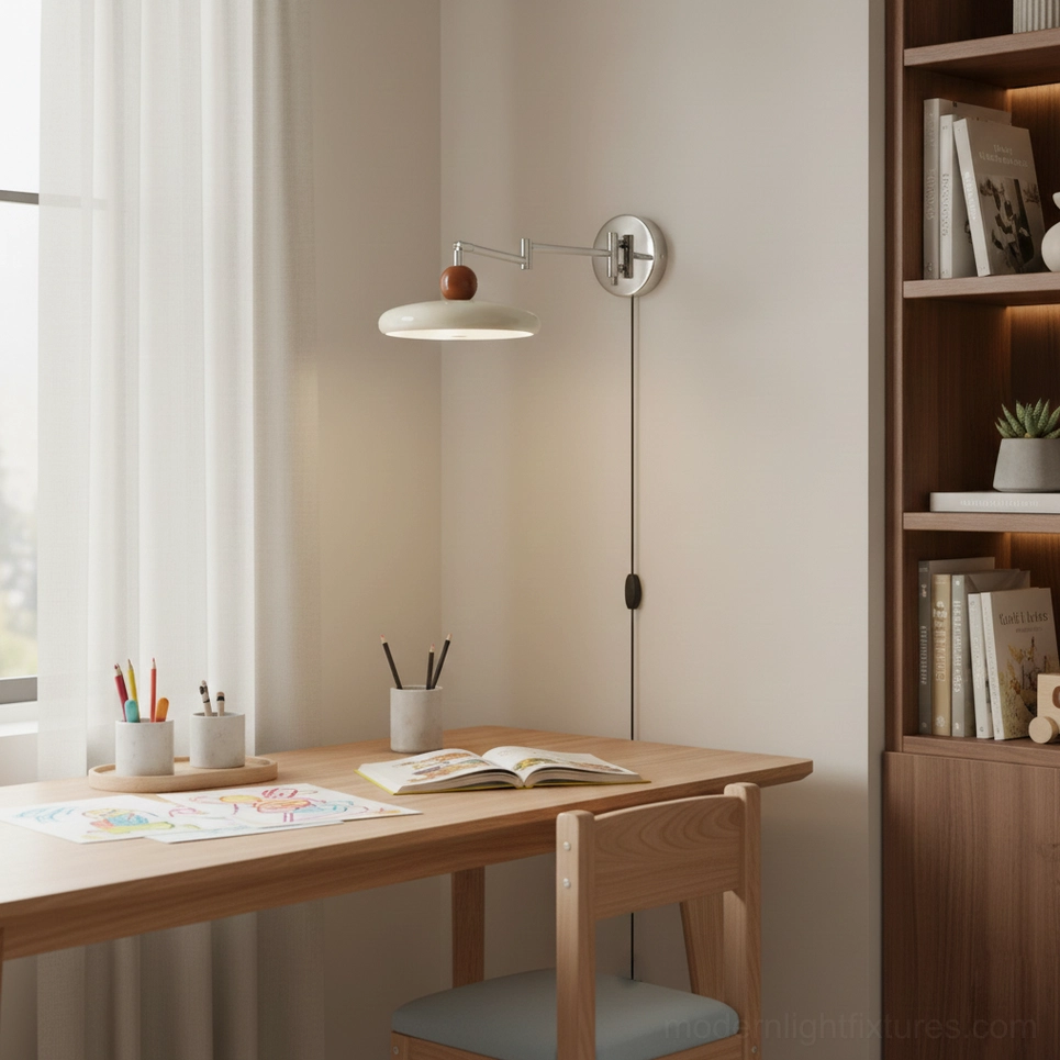 Kids study desk wall lamp with white shade and chrome metal hardware, warm minimalist learning space lighting