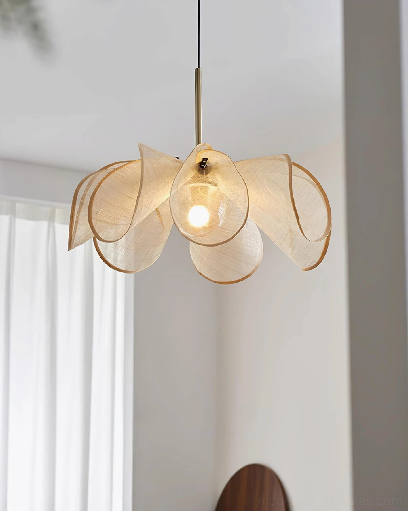 Styria Petals pendant light fixture overhead angle view showing layered petal construction and natural jute fiber design