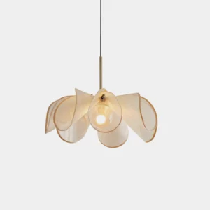 Styria Petals pendant light with natural jute flower-shaped shade, front overhead view showing petal layers and exposed E14 bulb