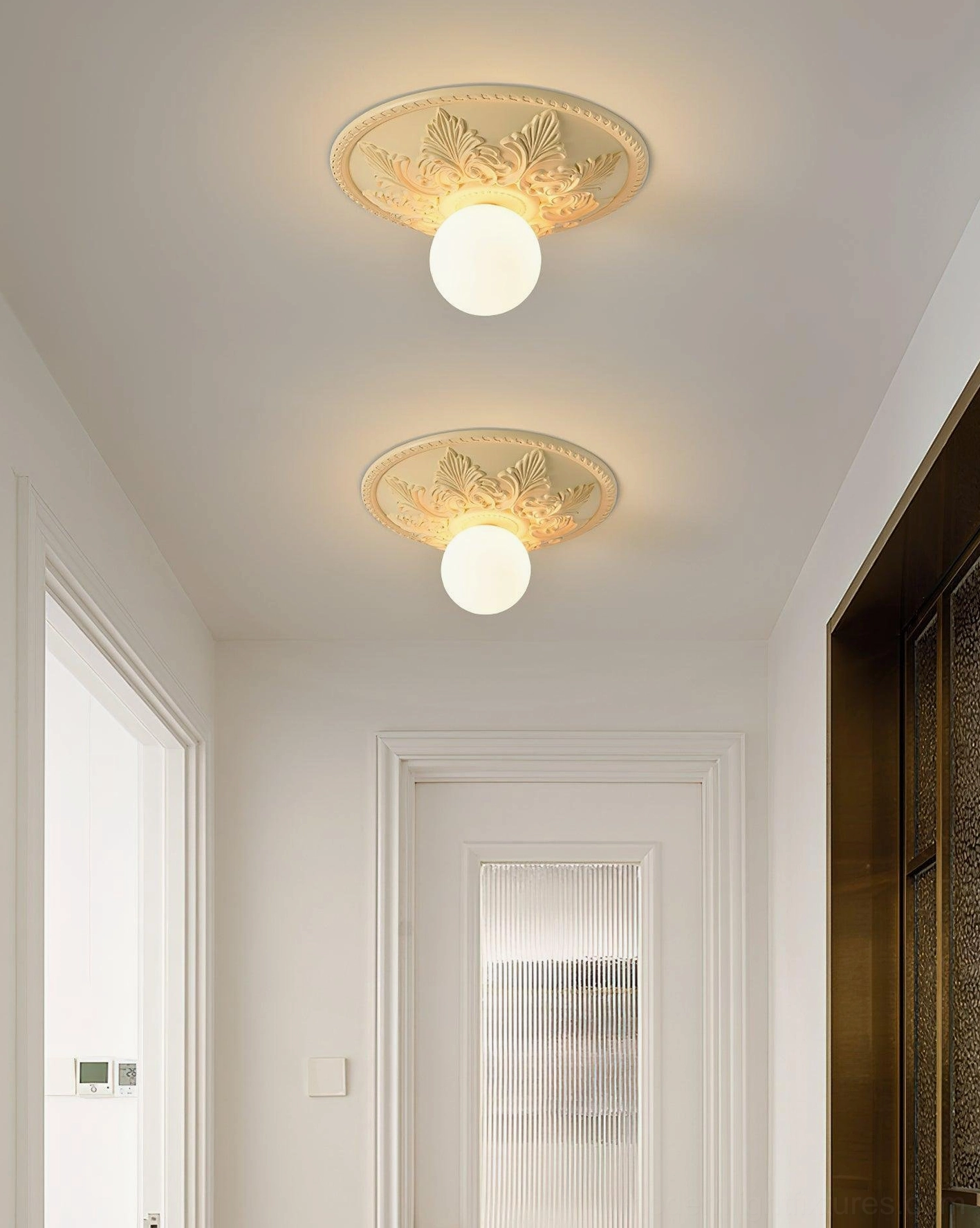Suilven baroque style ceiling light in bedroom setting with warm dimmable ambient lighting