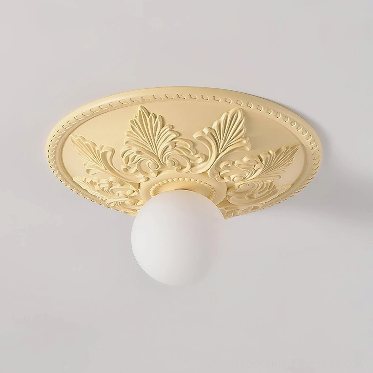 Suilven baroque ornate ivory ceiling light fixture detailed close-up of carved acanthus leaf and beaded perimeter