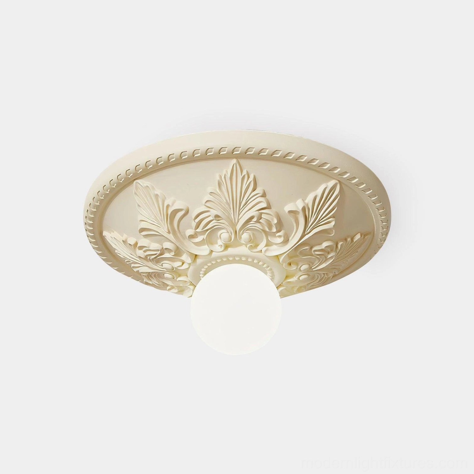 Suilven ornate ivory ceiling light fixture with carved acanthus leaf details and frosted glass diffuser, front studio view