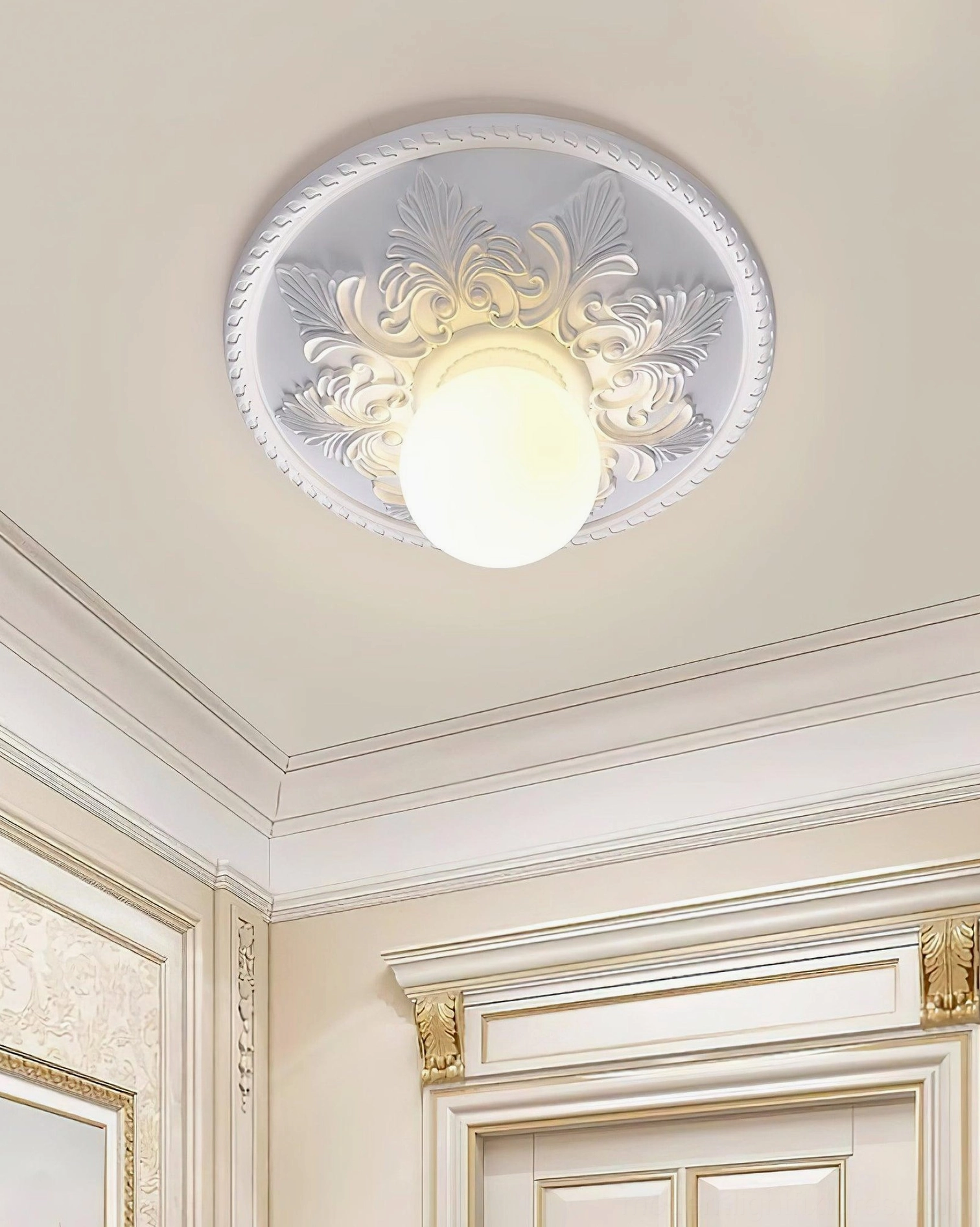 Suilven ornate ceiling fixture mounted flush demonstrating compact 12cm height installation