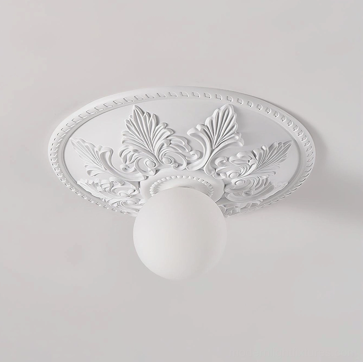 Suilven ornate ceiling fixture installed view showing installation canopy and mounting hardware