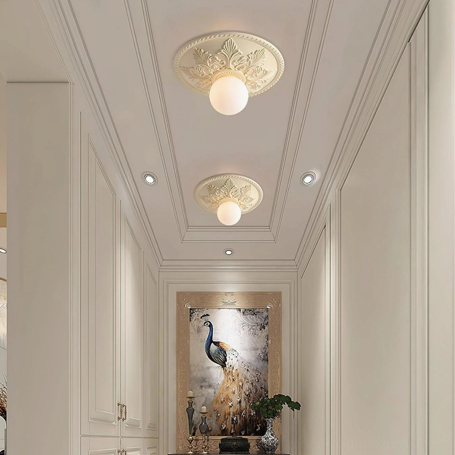 Suilven carved ceiling light fixture overhead view showing ornamental pattern and glass diffuser