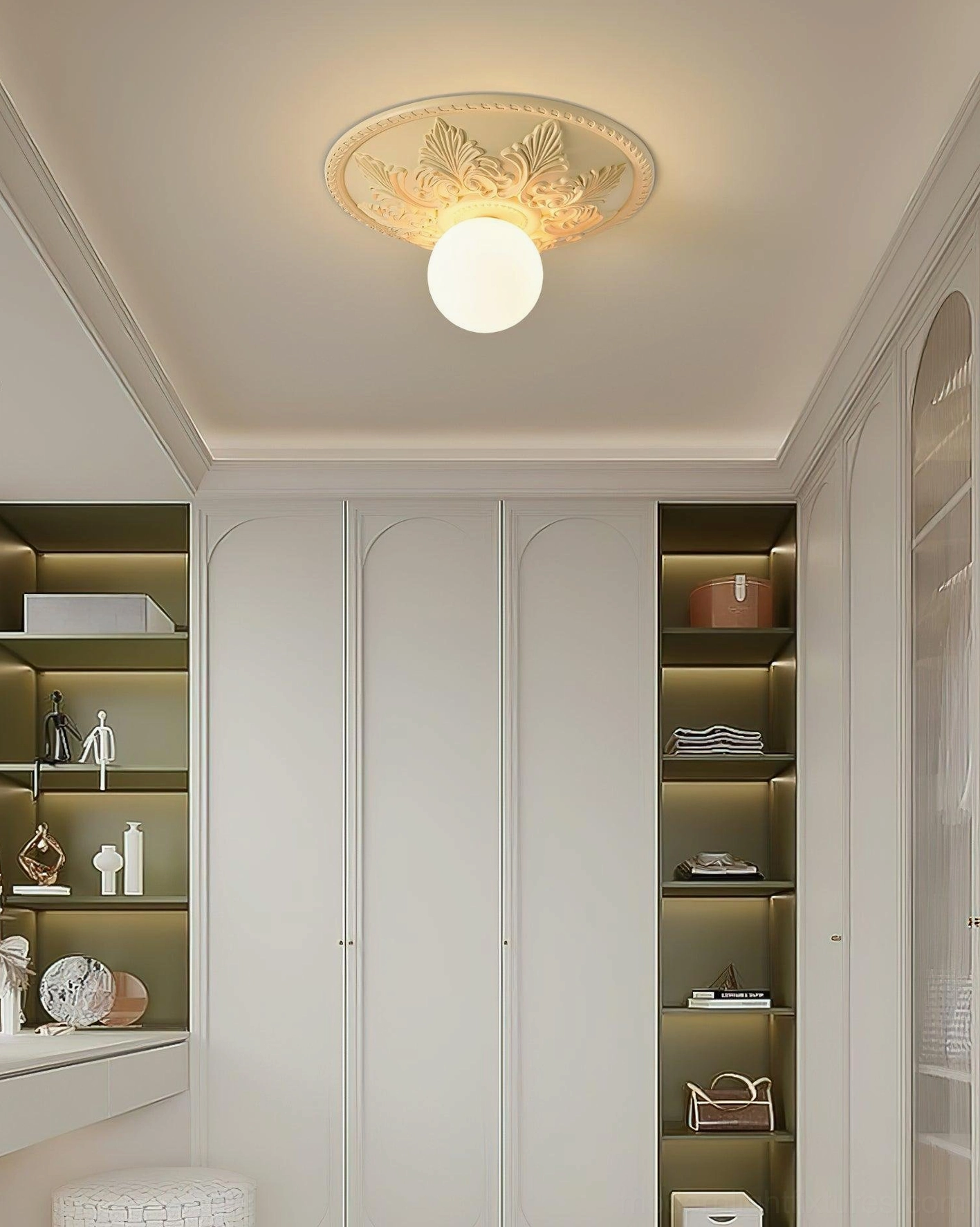 Suilven ceiling light fixture side profile showing mounting depth and carved dimensional relief