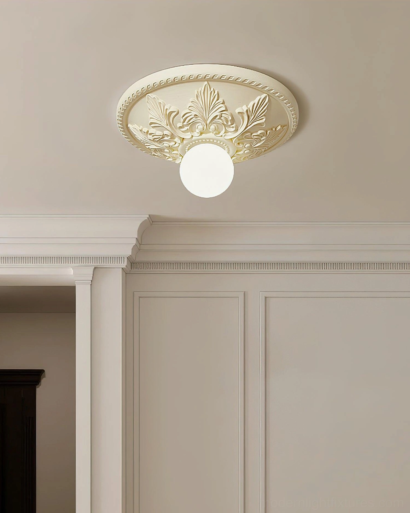 Suilven classic carved ceiling lamp with creamy beige finish and frosted spherical bulb in paneled bedroom hallway