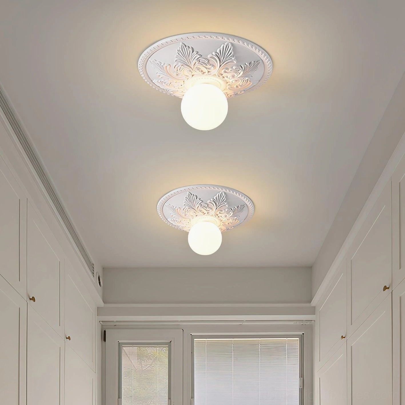 Suilven carved ceiling light fixture frosted glass diffuser and sculptural resin body details