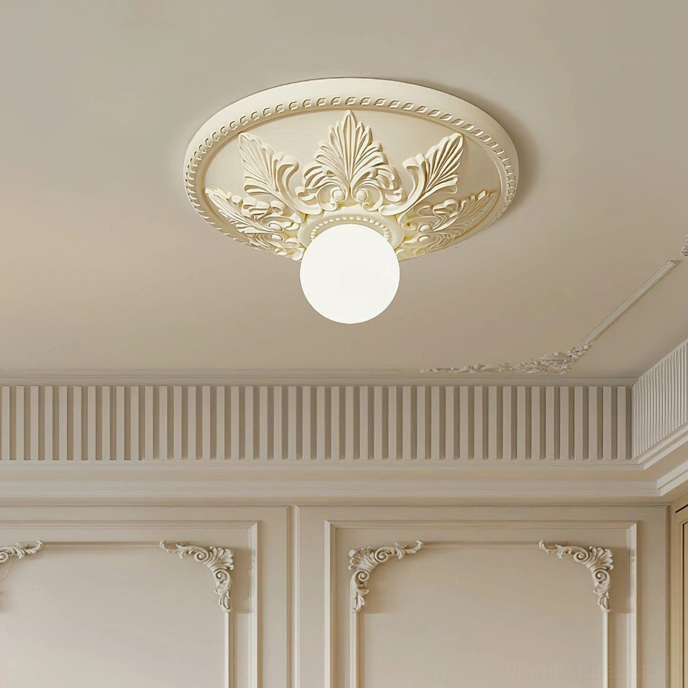 Suilven ornate ivory ceiling light with decorative flourishes and beaded detail perimeter finish