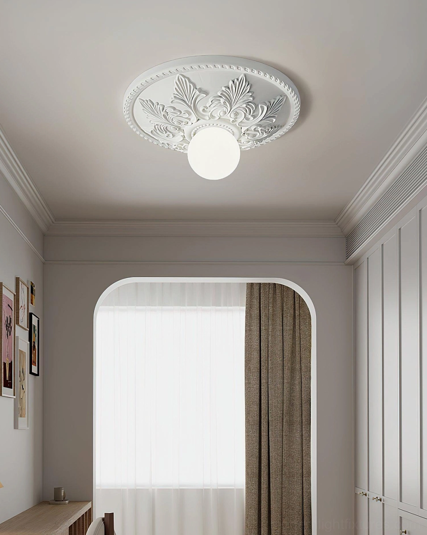 Suilven minimalist ornate ceiling lamp with subtle floral carvings and frosted bulb in arched window corridor