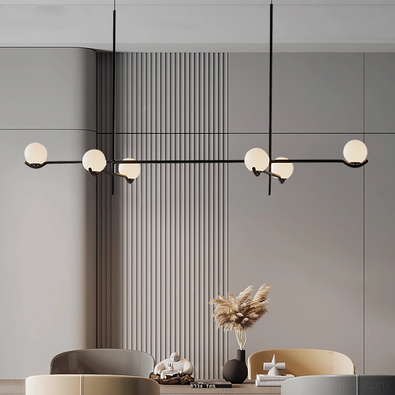 Linear multi-globe pendant chandelier demonstrating asymmetrical design in upscale modern home
