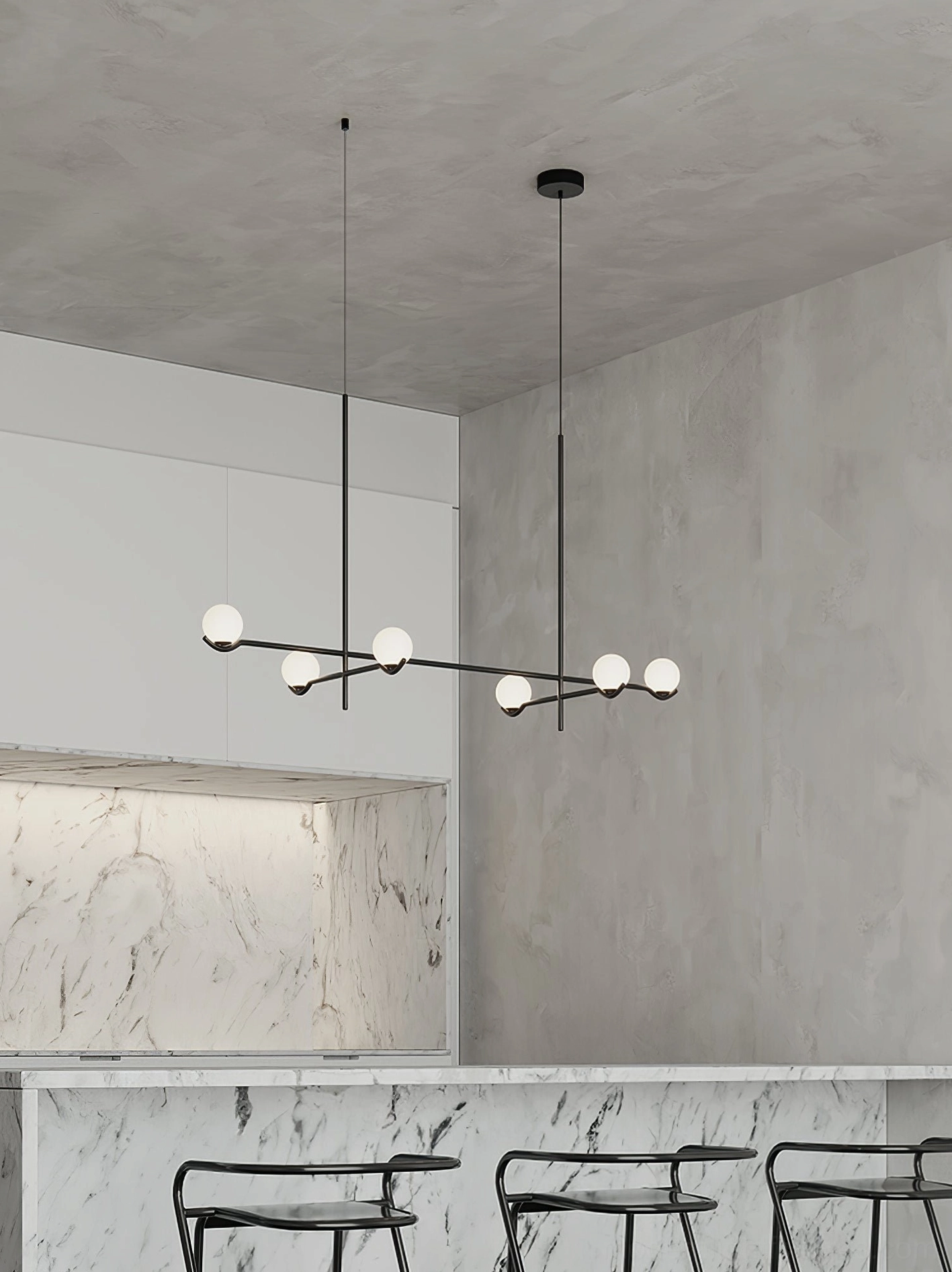 3-head stacked globe pendant chandelier in compact white or black metal finish for minimalist spaces
