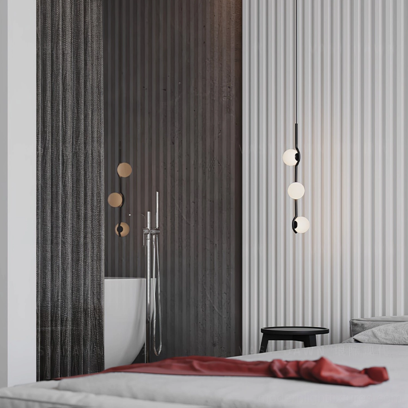 Modern asymmetrical sputnik pendant fixture with adjustable hanging height over contemporary dining table