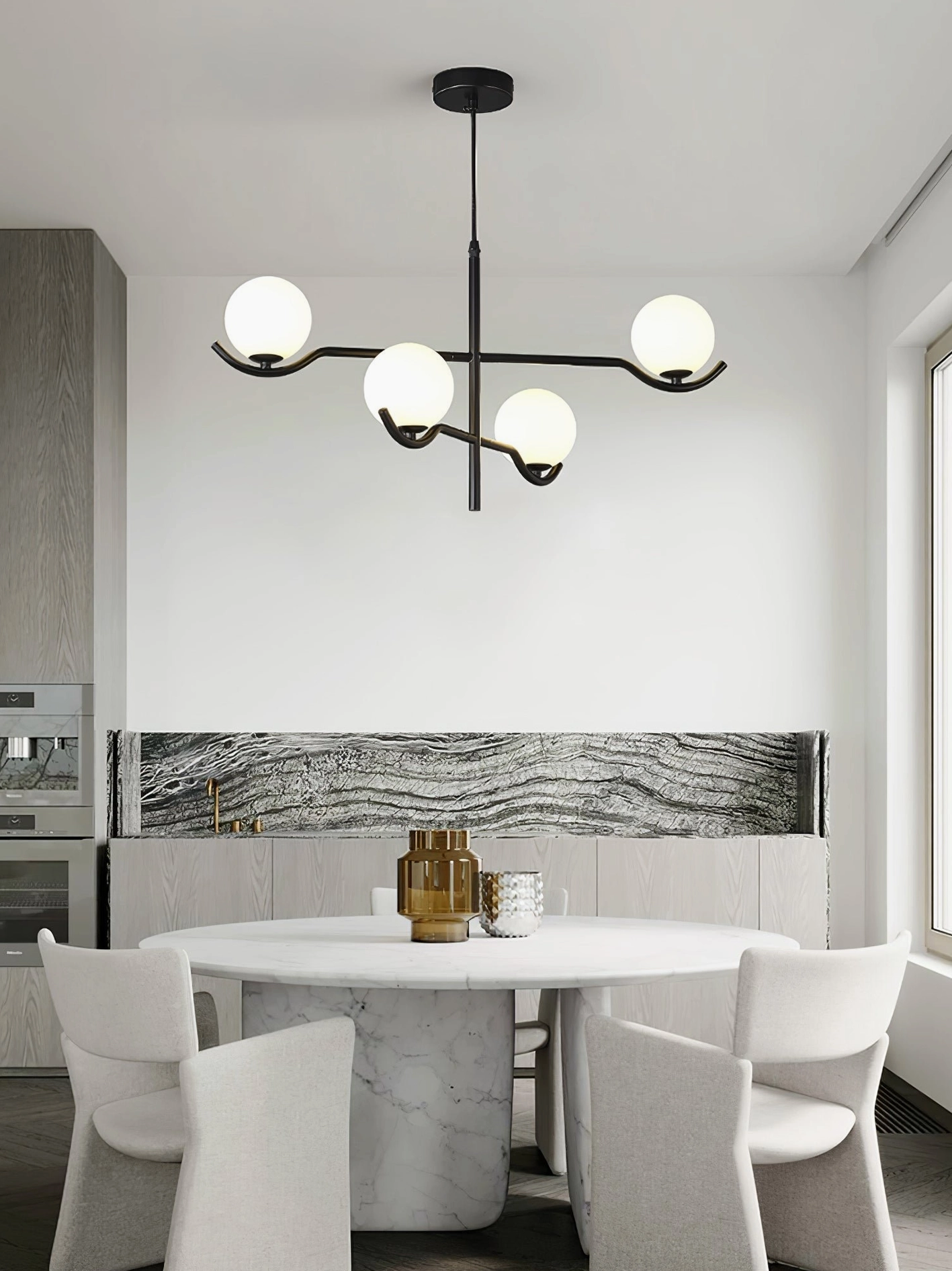 Contemporary sputnik chandelier with multiple frosted glass orbs in modern architectural interior setting