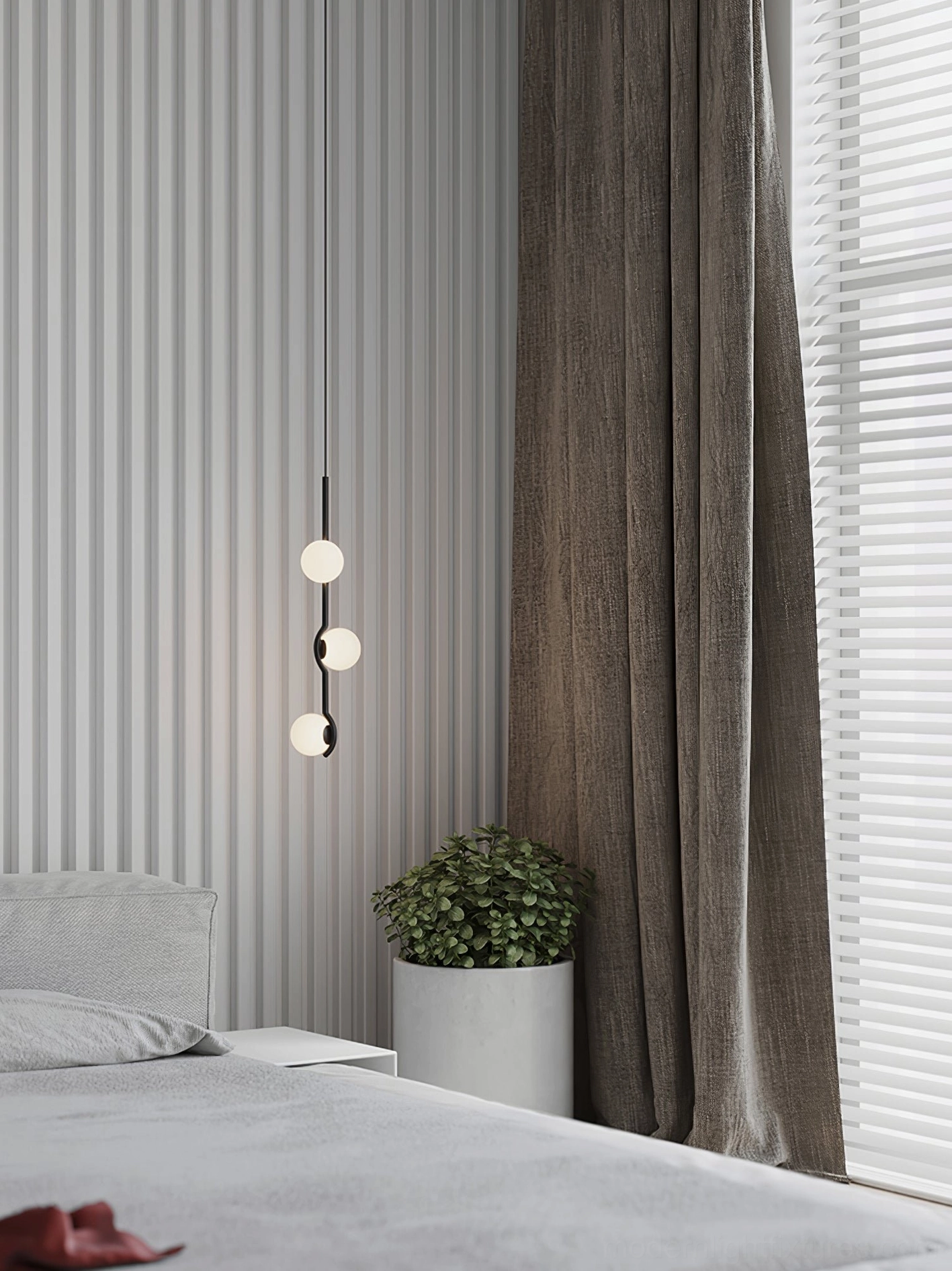 Vertical stacked frosted glass orb pendant chandelier in modern bedroom with minimalist aesthetic