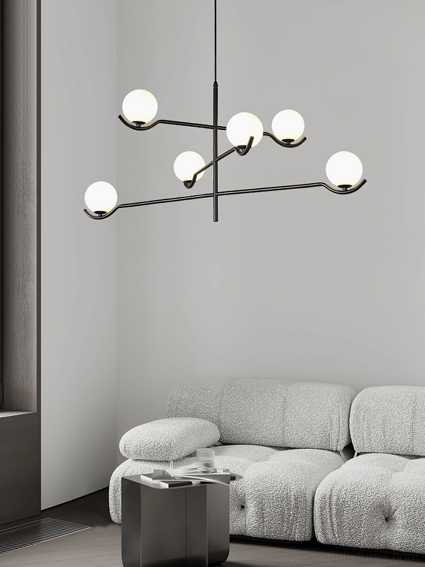 Dynamic 6-head asymmetrical sputnik chandelier in contemporary living room with matte black metal arms