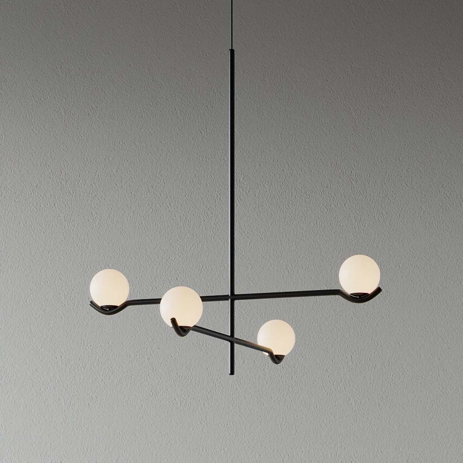 Contemporary sputnik chandelier in gold brass finish with frosted white glass orbs and spliced poles