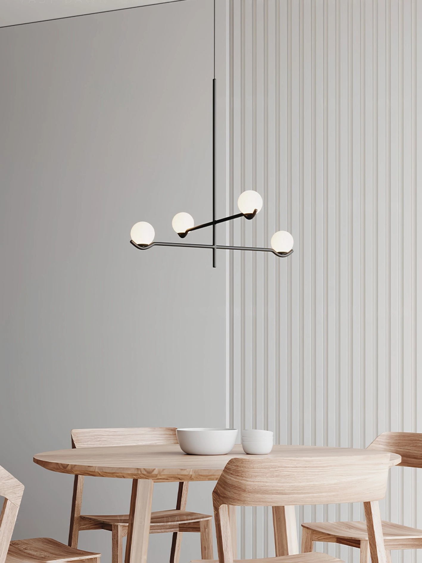 Sullivan Chandelier detail showcasing spliced metal pole construction and glass orb craftsmanship