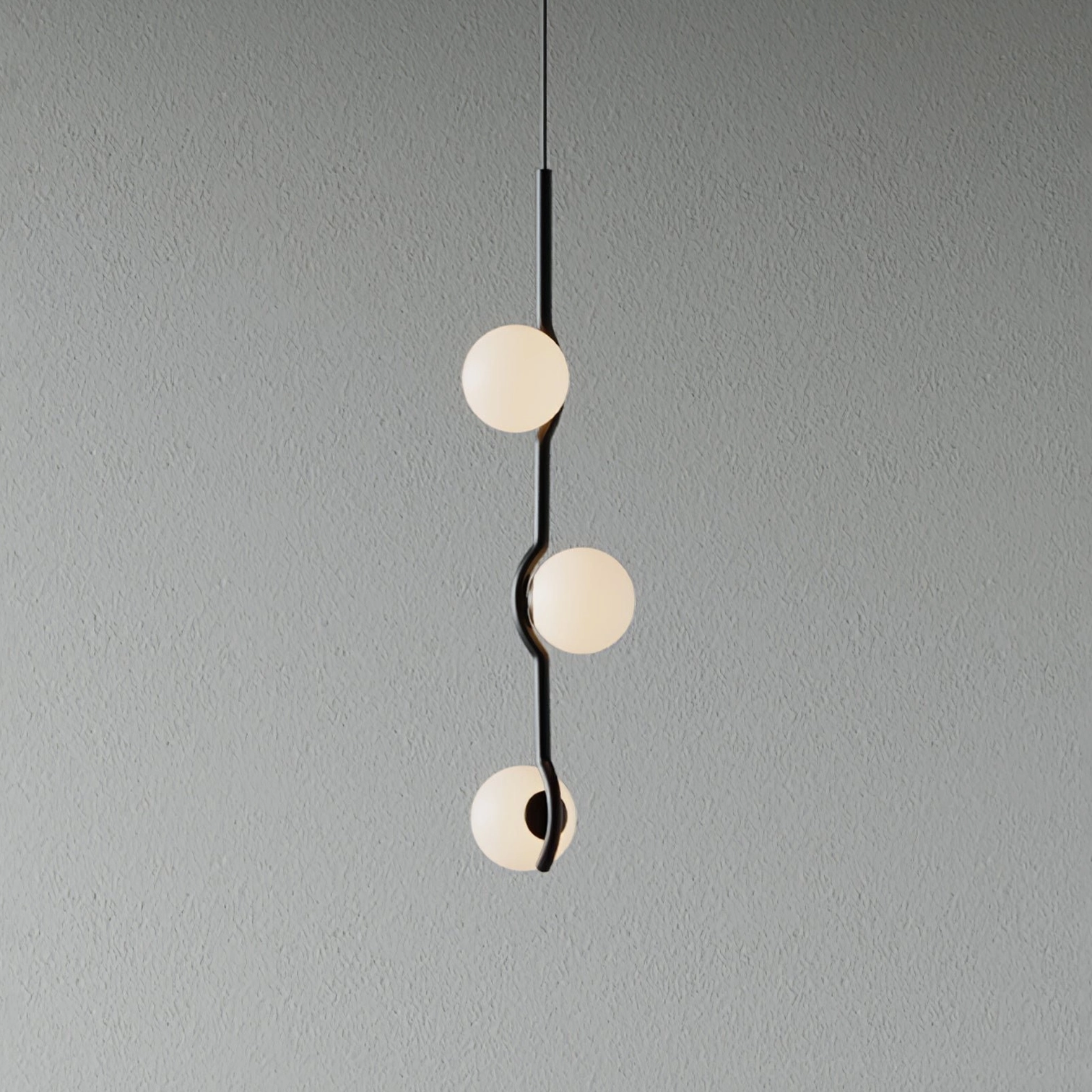 Asymmetrical modern pendant light fixture with multiple arms and frosted glass orbs, dimmer-compatible