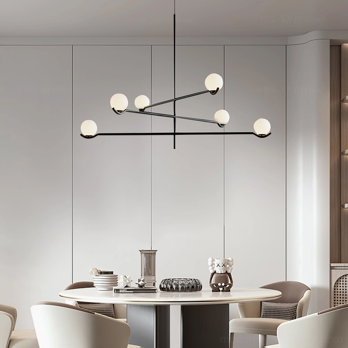 Linear asymmetrical sputnik fixture with extended reach for large dining areas and open-plan spaces