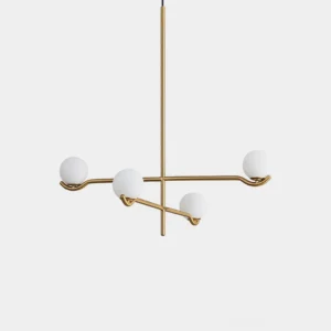 Sullivan Modern Sputnik Chandelier with 3 frosted opal glass orbs in gold metal finish, front studio view