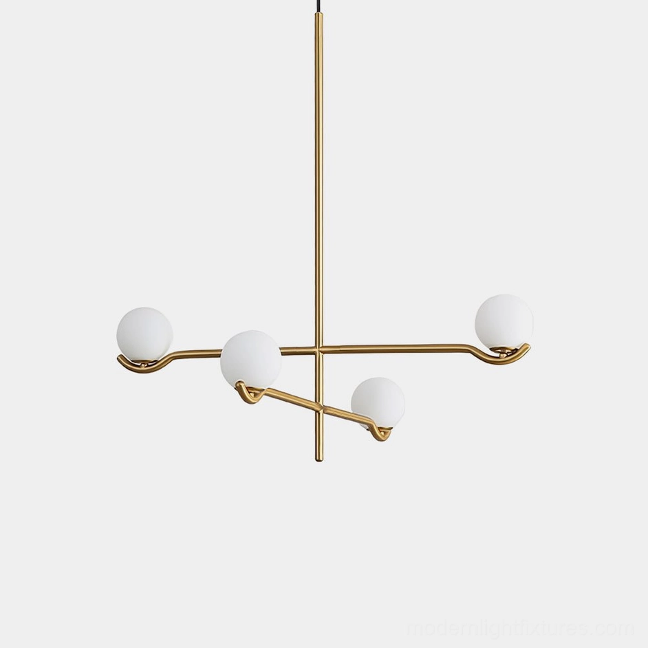 Sullivan Modern Sputnik Chandelier with 3 frosted opal glass orbs in gold metal finish, front studio view