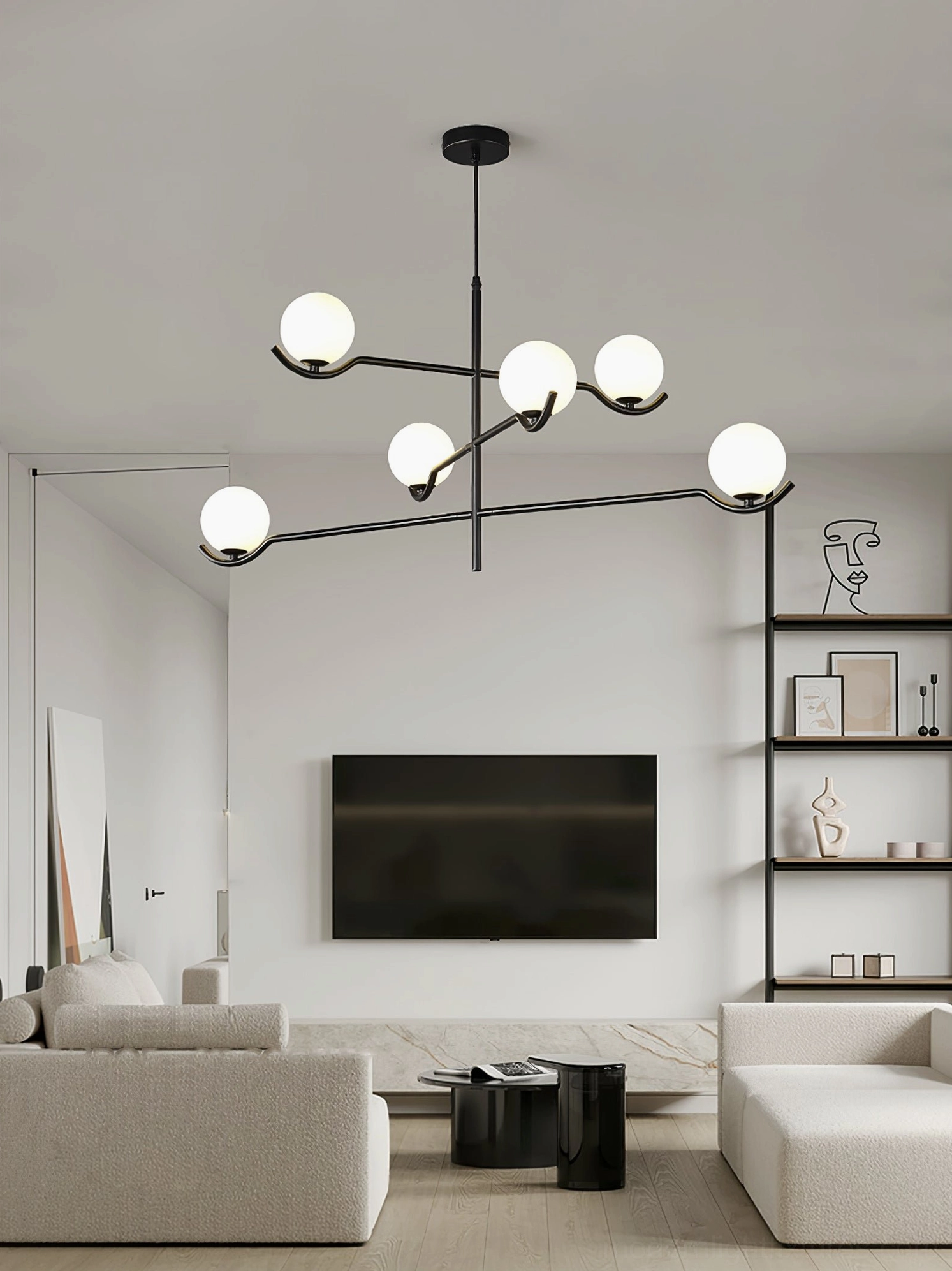 Contemporary 6-head asymmetrical sputnik chandelier creating dynamic lighting in open-plan living space