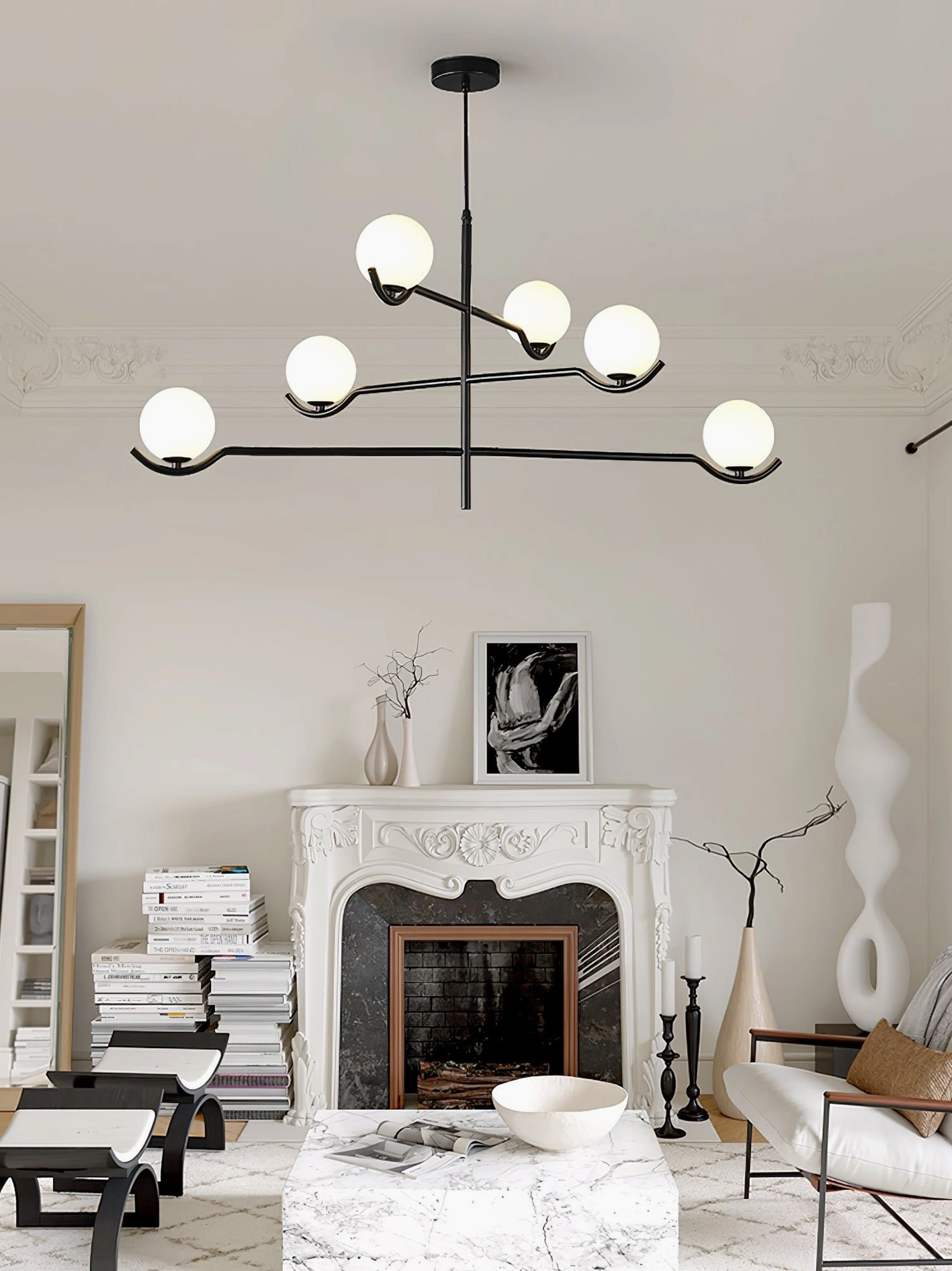 8-head asymmetrical sputnik chandelier in luxury modern living room with fireplace and contemporary decor