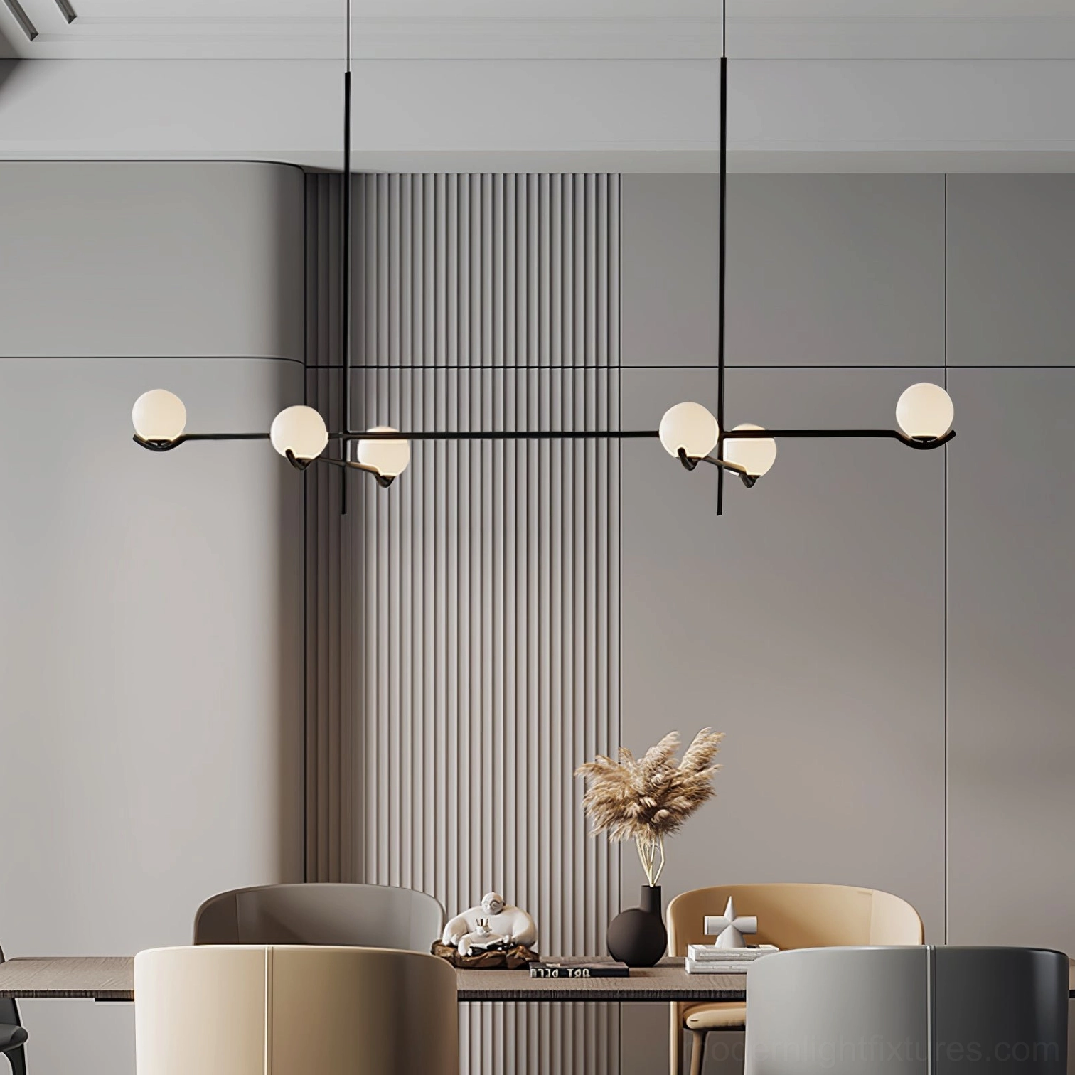 Sullivan Sputnik Chandelier showcasing spliced metal frame and frosted white glass globe design details