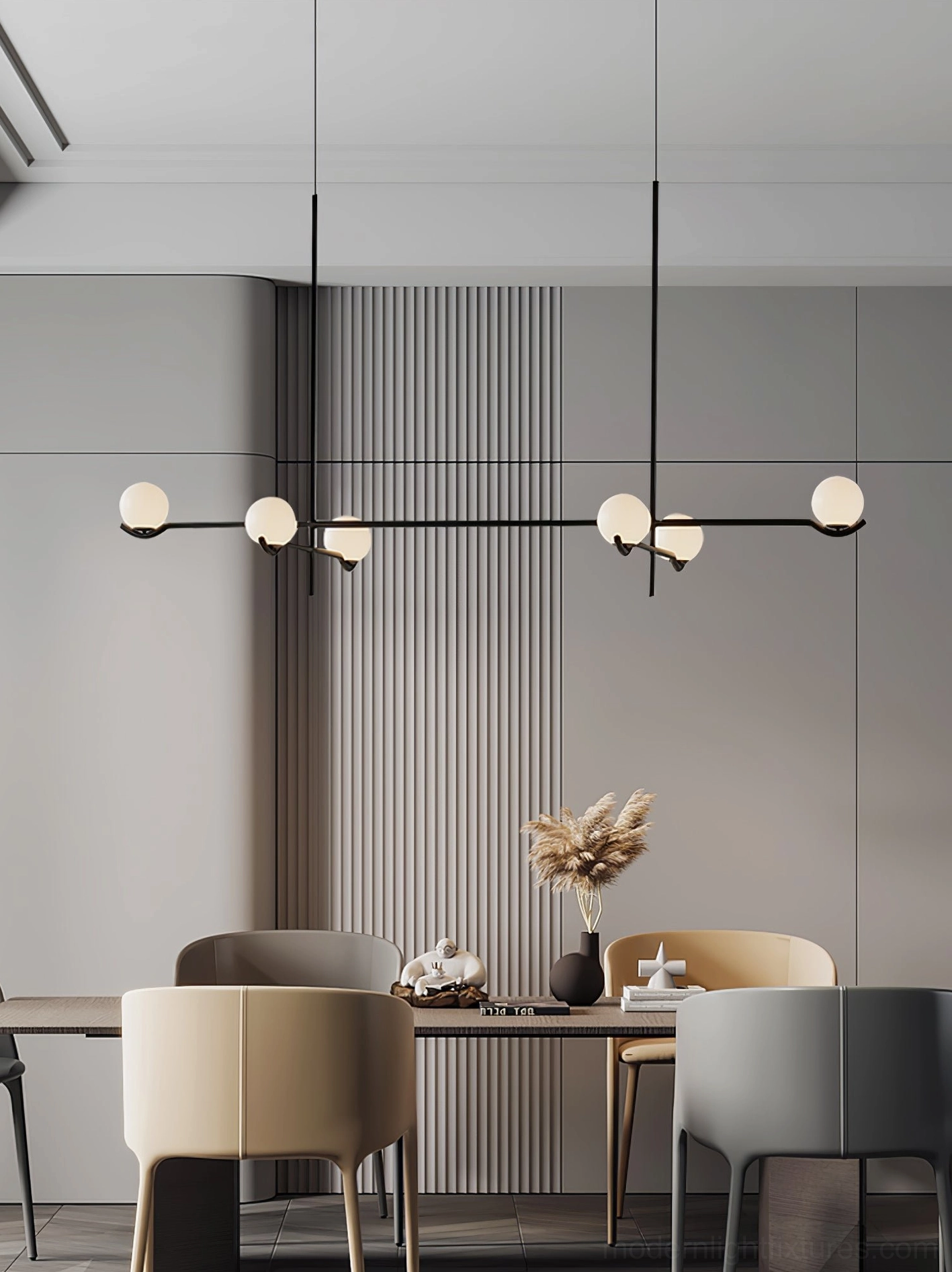 Modern asymmetrical pendant chandelier creating dynamic visual rhythm with frosted glass orbs